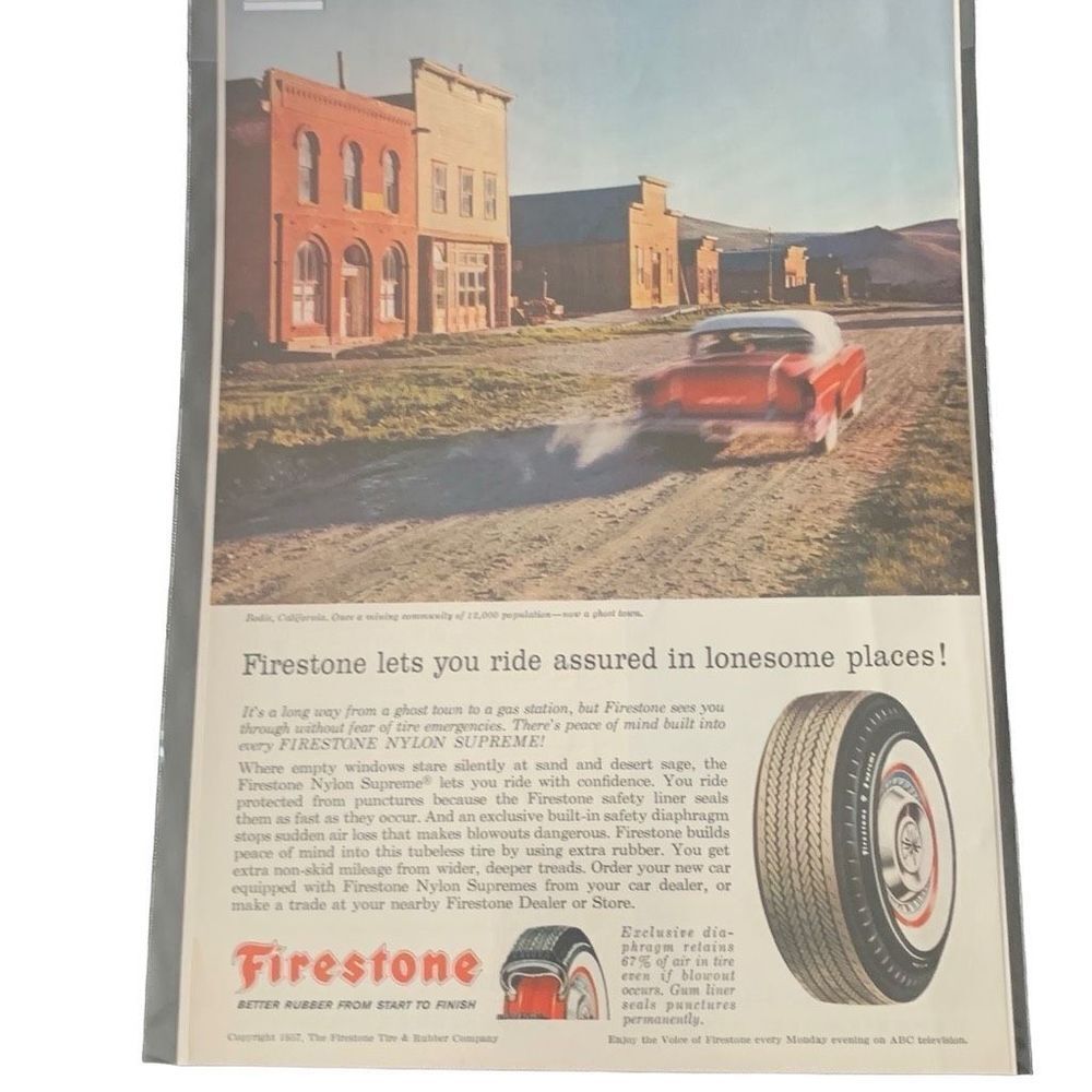 Vintage 1957 Firestone Ride Assured in Lonesome Places Ad Advertisement
